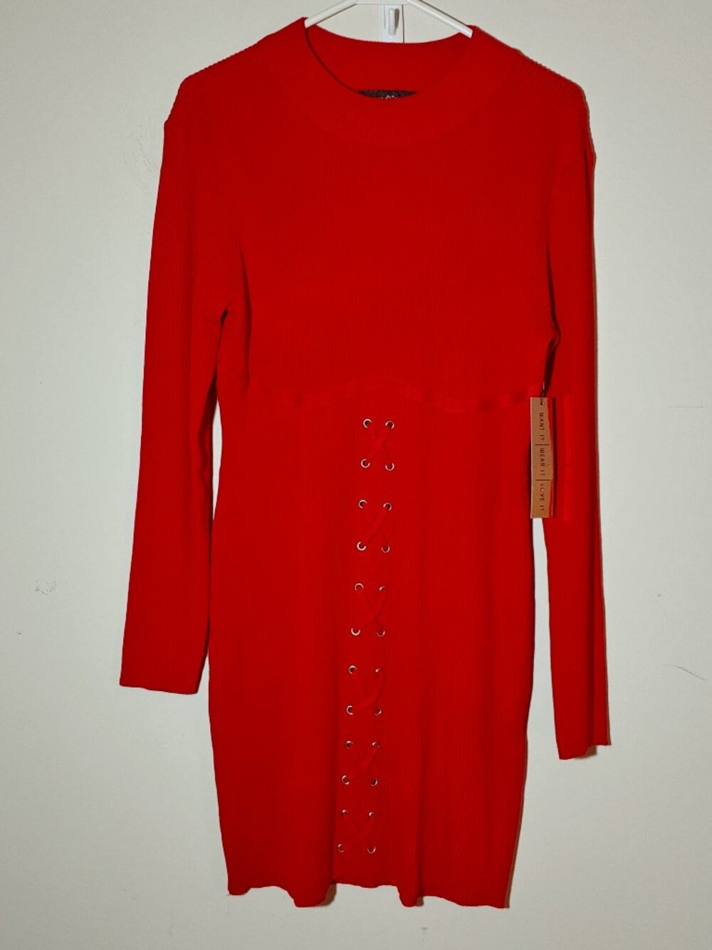 Almost Famous Red Rib Knit Lacing Detail Long Sleeve Bodycon Midi Dress Size 2X